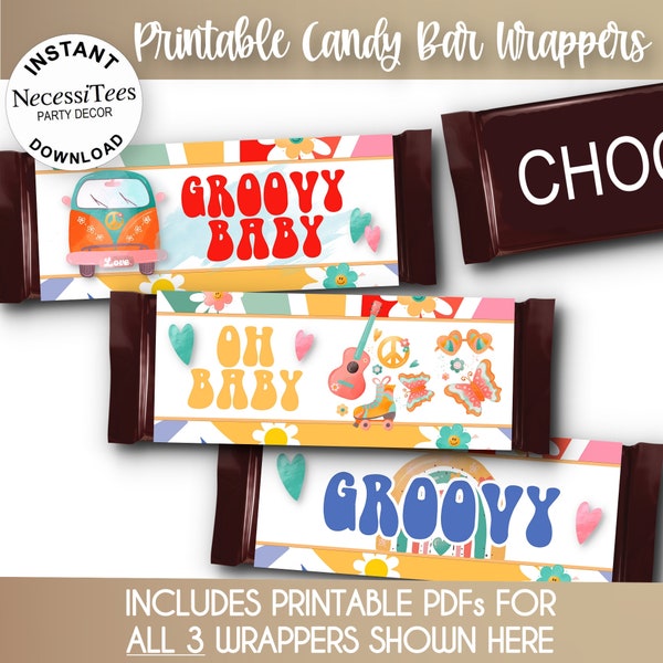 PRINTABLE | Baby Shower | Candy Bar Wrapper Templates | Groovy Baby Shower - 70's Theme | 3 PDFs | NON Editable | Instant Download