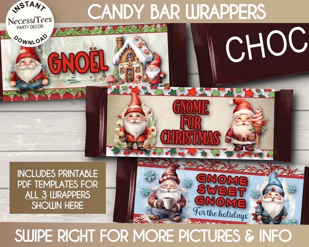 PRINTABLE Candy Bar Wrappers Christmas Theme Xmas, Gnomes, Elves, Gnoel ...