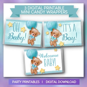 May include: Digital printable mini candy wrappers for a baby shower. The design features a teddy bear holding a blue balloon, with text that reads "Oh Baby!", "It's a Boy!", and "Welcome Baby!". Includes yellow star accents.