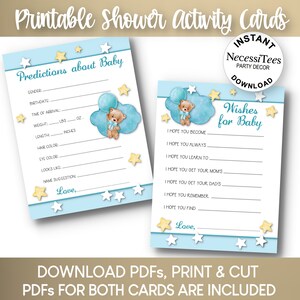 Jeux de fête pour baby shower à imprimer | Thème bébé ours et ballon | Activité sous la douche | Prédictions pour bébé | voeux de bébé pour bébé | Bleu pastel