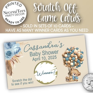 PRINTED Scratch Off Cards | Set of 10 Cards | Party Games | Shower Activity | Baby Bear with Blue Balloons & Roses | Baby Shower or Birthday