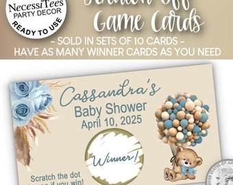 PRINTED Scratch Off Cards | Set of 10 Cards | Party Games | Shower Activity | Baby Bear with Blue Balloons & Roses | Baby Shower or Birthday