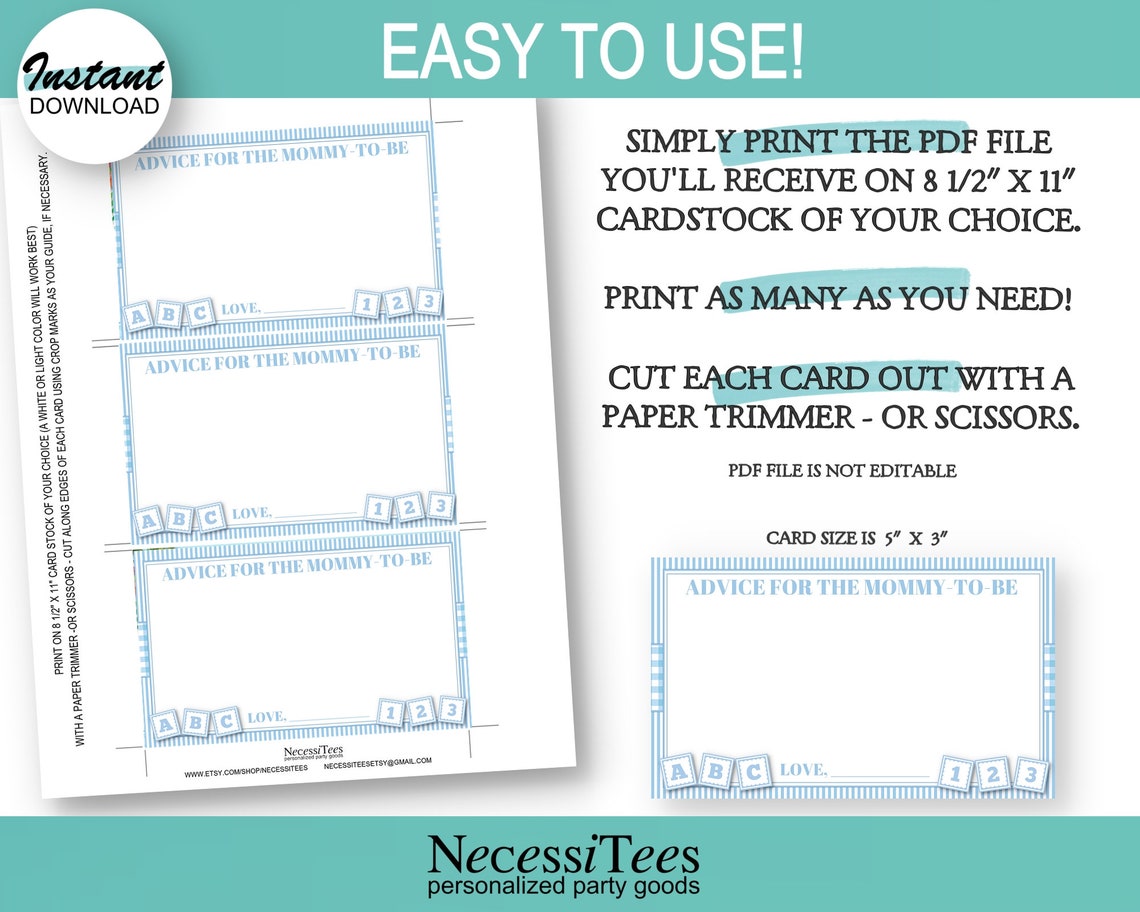 PRINTABLE Mommy to Be Advice Cards Baby Shower Game Card | Etsy