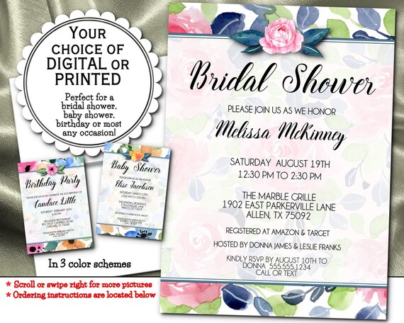 Party Invitations, Digital or Printed, Flowers, Florals, Roses, Daisies, Bridal or Baby Shower, Birthday, 3 Color Choices Il_570xn