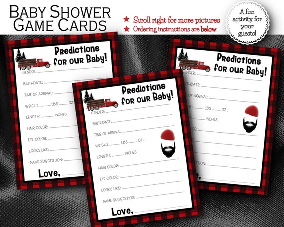 Prediction Cards, Baby Shower Party Game, Guessing Game Cards, Lumberjack, Red & Black Flannel Buffalo Plaid Check, Beard, Trees, Truck Il_570xn