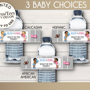 PRINTED Water Bottle Labels, Baby Football Players, Helmets, Pink, Blue, Baby Gender Reveal, Baby Shower, African Amer, Caucasian, Hispanic image 5