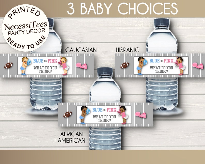 PRINTED Water Bottle Labels, Baby Football Players, Helmets, Pink, Blue, Baby Gender Reveal, Baby Shower, African Amer, Caucasian, Hispanic image 5