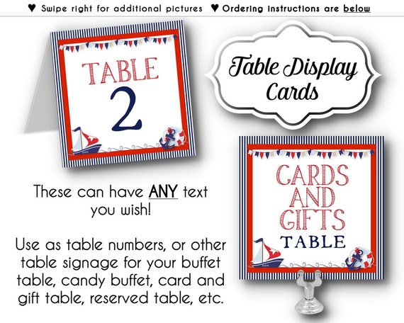 Table Number Cards, Food Labeling Cards, Table Signage, Birthday, Baby Shower, Nautical Theme, Navy Stripes, Sail Boat, Anchor, Navy, Red Il_570xn