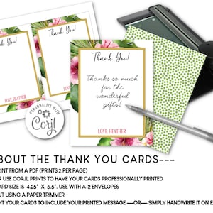 K&ouml;nnte beinhalten: Dankeskarten mit floralen und goldenen Akzenten. Die Karten zeigen den Text "Thank You!" und "Thanks so much for the wonderful gifts!". Die Karten sind 10,8 cm x 14 cm gro&szlig; und zum Drucken bestimmt. Ein Papierschneider und ein Stift sind ebenfalls im Bild.