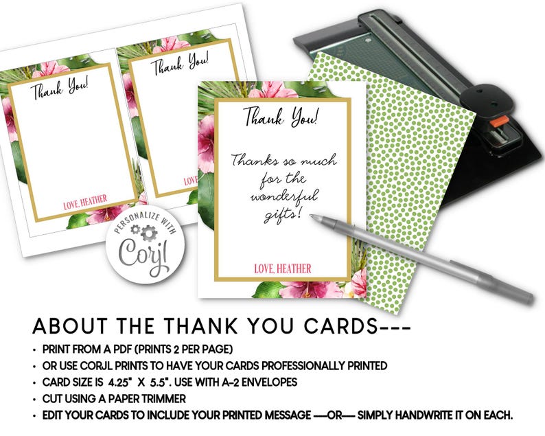 K&ouml;nnte beinhalten: Dankeskarten mit floralen und goldenen Akzenten. Die Karten zeigen den Text "Thank You!" und "Thanks so much for the wonderful gifts!". Die Karten sind 10,8 cm x 14 cm gro&szlig; und zum Drucken bestimmt. Ein Papierschneider und ein Stift sind ebenfalls im Bild.