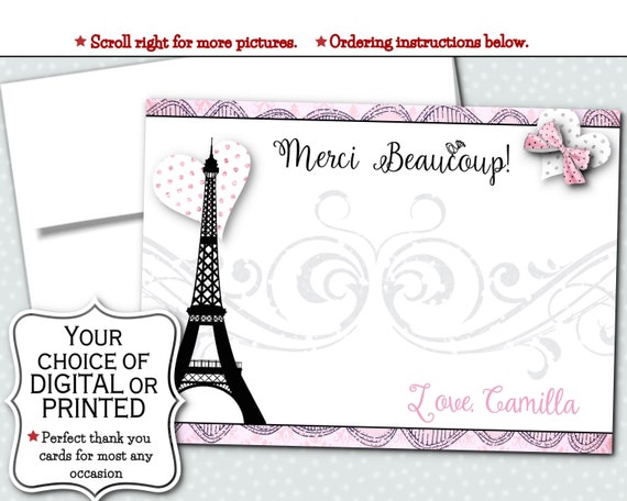 French Themed Thank You Note Cards with Envelope, Bridal or Baby Shower, Birthday Party, French, Paris, Eiffel Tower, Hearts, Pink, Black Il_570xn