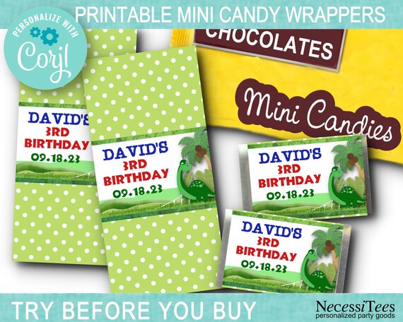 DIGITAL Mini Candy Wrappers Template, Dinosaur Theme, Prehistoric, Jurassic Theme, Brontosauraus, Birthday Party, Instant Download Il_570xn