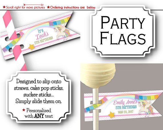 Flags for Straws, Cake Pop or Sucker Sticks, Unicorns & Rainbows, Pastel Colors, Birthday, Baby Showe Il_570xn