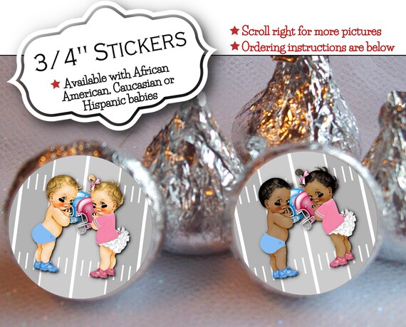 3/4" Candy Stickers, Baby Football Players, Football Helmets, Pink VS Blue, Baby Gender Reveal Party, Baby Shower, Sheet of 108 Stickers Il_570xn