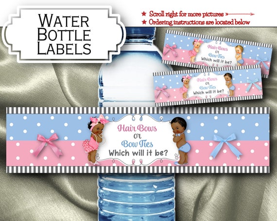 Water Bottle Labels, Gender Reveal, Baby Shower, Pink, Blue, Hair Bows, Bow Ties, African American, Caucasian, Hispanic Il_570xn