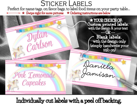 Stickers, Labels, Name Tags, Favor Stickers, Buffet Table Labels, Unicorn, Rainbow, Pastel Colors, Pink Stripes, Baby Shower, Birthday Party Il_570xn