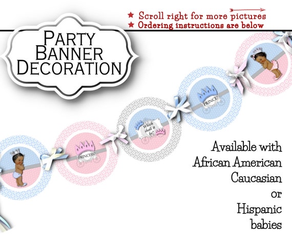 Baby Gender Reveal Party Banner, Baby Shower, Pink, Blue, Royal Prince, Princess, Crowns, African American, Caucasian, Hispanic Babies Il_570xn