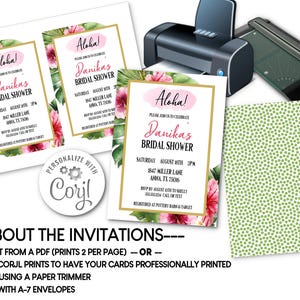K&ouml;nnte beinhalten: Brautparty-Einladungen mit tropischem Blumendesign. Die Einladungen tragen den Text "Aloha!" und "Danika's Bridal Shower" mit Veranstaltungsdetails. Das Bild enth&auml;lt einen Drucker, einen Papierschneider und ein gemustertes Papier.