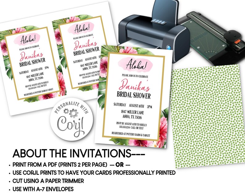 K&ouml;nnte beinhalten: Brautparty-Einladungen mit tropischem Blumendesign. Die Einladungen tragen den Text "Aloha!" und "Danika's Bridal Shower" mit Veranstaltungsdetails. Das Bild enth&auml;lt einen Drucker, einen Papierschneider und ein gemustertes Papier.