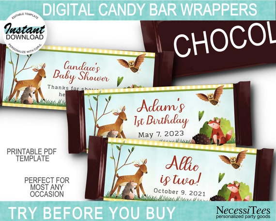 DIGITAL Candy Bar Wrapper Template, Woodland Animals, Forest Animals, Fox, Hedgehog, Deer, Owl, Baby Shower, Birthday, Instant Download Il_570xn