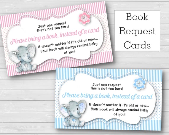 Book Request Insert Cards, Baby Gender Reveal Party, Baby Shower, Baby Elephants, Pastel Pink and Blue, Polka Dots, Stripes, Sets of 10 Il_570xn