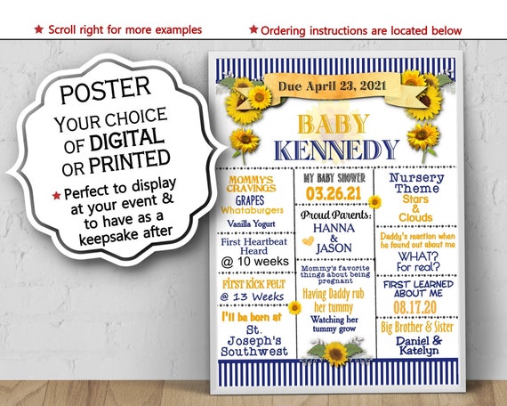 Baby Shower Poster, 8" x 10", 11" x 14", 16" x 20",18"x24", Sunflowers, Florals, Navy & Yellow, Shower Sign, Shower Display, Keepsake Sign Il_570xn