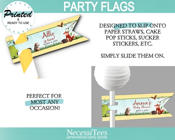PRINTED Party Flags for Straws, Suckers, Cake Pops, Baby Woodland Animals, Forest Animals, Fox, Hedgehog, Owl, Baby Shower, 1st Birthday Il_570xn