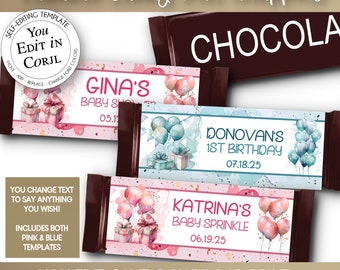 EDITABLE | Printable | Candy Bar Wrappers | Balloons | Birthday or Baby Shower | Includes Both Pink & Blue | You Edit in Corjl