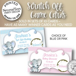 PRINTED Scratch Off Cards | Set of 10 Cards | Party or Shower Activity | Baby Elephants | Blue & Pink | For a Baby Shower or Birthday