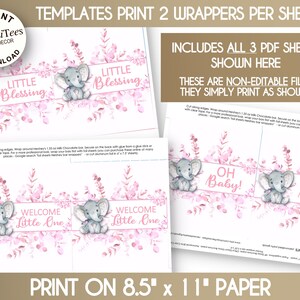 PRINTABLE Baby Shower Candy Bar Wrapper Templates Pink Colors Baby Elephant Eucalyptus 3 PDFs NON Editable Instant Download image 3