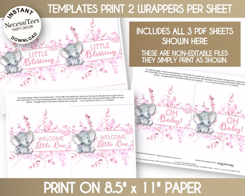 PRINTABLE Baby Shower Candy Bar Wrapper Templates Pink Colors Baby Elephant Eucalyptus 3 PDFs NON Editable Instant Download image 3