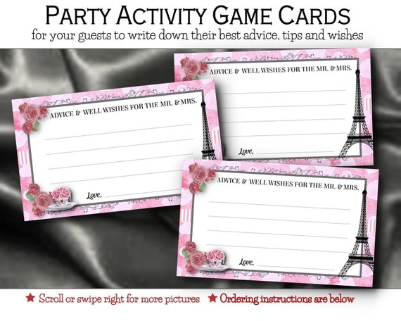 Wedding Advice Cards, Advice for the Mr and Mrs, Party Activity Game Cards, Bridal Shower, French, Paris, Eiffel Tower, Pink Roses, Hearts Il_570xn