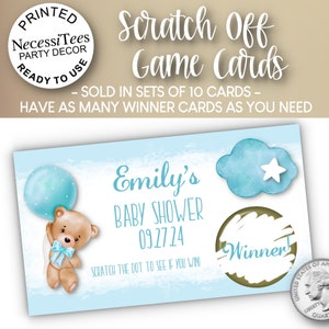 PRINTED Scratch Off Cards | Set of 10 Cards |  Party Games or Shower Activity | Baby Bear with Blue Balloon | For a Baby Shower or Birthday