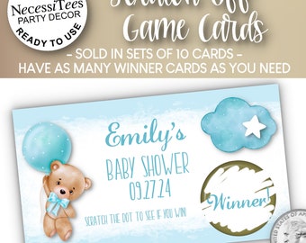 PRINTED Scratch Off Cards | Set of 10 Cards |  Party Games or Shower Activity | Baby Bear with Blue Balloon | For a Baby Shower or Birthday