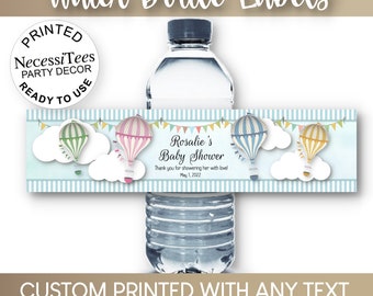 PRINTED Waterproof Peel & Stick Water Bottle Labels, Pastel Hot Air Balloons, Clouds, Wedding, Bridal Shower, Baby Shower, Birthday