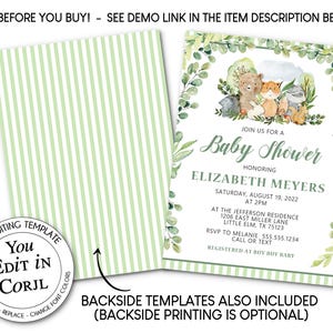 May include: Baby shower invitation with a woodland animal theme. The invitation features a watercolor illustration of a bear, fox, rabbit, and squirrel. The text reads "Join us for a Baby Shower" and includes event details. The backside has a green and white striped pattern.