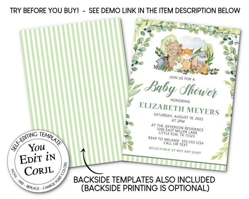 May include: Baby shower invitation with a woodland animal theme. The invitation features a watercolor illustration of a bear, fox, rabbit, and squirrel. The text reads "Join us for a Baby Shower" and includes event details. The backside has a green and white striped pattern.