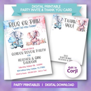 May include: Digital printable gender reveal party invitation and thank you card. The invitation features blue and pink watercolor backgrounds, elephant illustrations, and event details. The thank you card has a matching design.