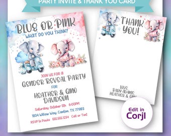 Könnte beinhalten: Digital druckbare Party-Einladung und Dankeskarte für eine Gender-Reveal-Party. Die Einladung zeigt blaue und rosa Aquarellhintergründe, Elefantenillustrationen und Veranstaltungsdetails. Die Dankeskarte hat ein passendes Design.