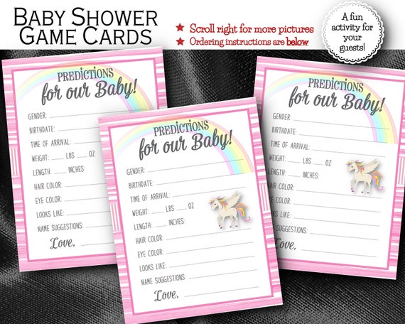 Prediction Cards, Baby Shower Party Activity Games, Guessing Game Cards, Baby Gender Reveal Party, Unicorn, Rainbow, Pastel Colors Il_570xn