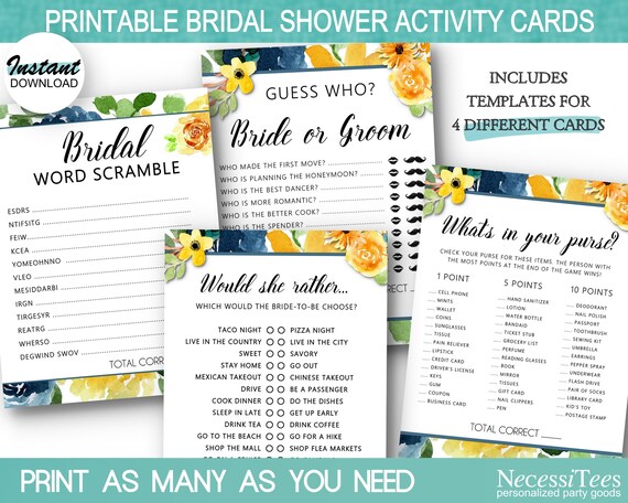 DIGITAL Bridal Shower Party Games, 4 Bridal Shower Party Activity Cards, Floral Theme, Blue & Yellow Colors Il_570xn