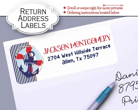 Return Address Labels, Nautical Theme, Ship's Anchor, Sea, Ocean, Beach, Navy Blue, Red, Navy Stripes, 30 Labels to the Sheet Il_570xn