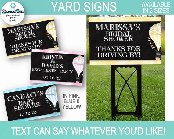 Yard Sign, Hot Air Balloons, Bridal or Baby Shower, Birthday, Wedding, Engagement, Quince, Comes in Pastel Pink, Blue & Yellow, In 2 Sizes Il_570xn