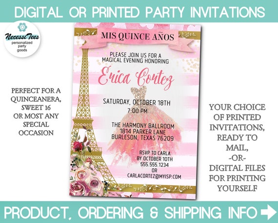 DIGITAL or PRINTED, Party Invitations, Roses, Flowers, Gown, French Paris Eiffel Tower, Birthday Party, Quinceanera,Sweet 16 Il_570xn