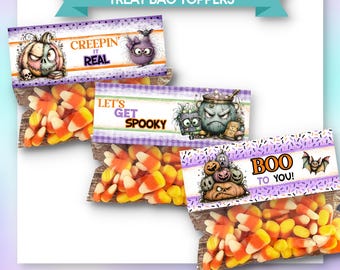 PRINTABLE  Treat Bag Toppers | Halloween Theme | Spooky Pumpkins | Orange, Purple | 3 PDFs | Instant Download