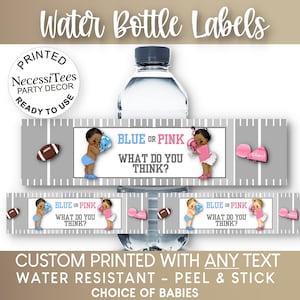 PRINTED Water Bottle Labels, Baby Football Players, Helmets, Pink, Blue, Baby Gender Reveal, Baby Shower, African Amer, Caucasian, Hispanic image 1