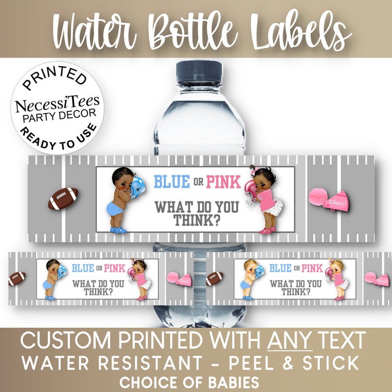 PRINTED Water Bottle Labels, Baby Football Players, Helmets, Pink, Blue, Baby Gender Reveal, Baby Shower, African Amer, Caucasian, Hispanic image 1