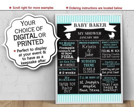 Baby Shower Poster, 8x10, 11x14, 16x20, 18x24, Aqua, Turquoise, Teal Blue, Stripes, Chalkboard Look, Shower Keepsake, Digital or Printed Il_570xn