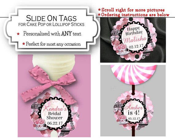 Cake Pop Tags, Sucker or Lollipop Tags, Bridal Shower, Baby Shower, Wedding, Birthday, Paris French Eiffel Tower, Pink Roses and Hearts Il_570xn