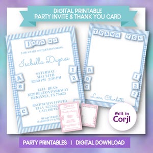 May include: Digital printable baby shower party invite and thank you card set. The design features a blue and white gingham pattern, with text that reads "Join us" and "Thank You". Includes a small pink card with text.